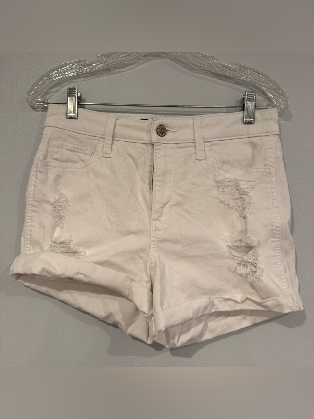 Hollister White Distressed Denim Roll-Cuff Shorts